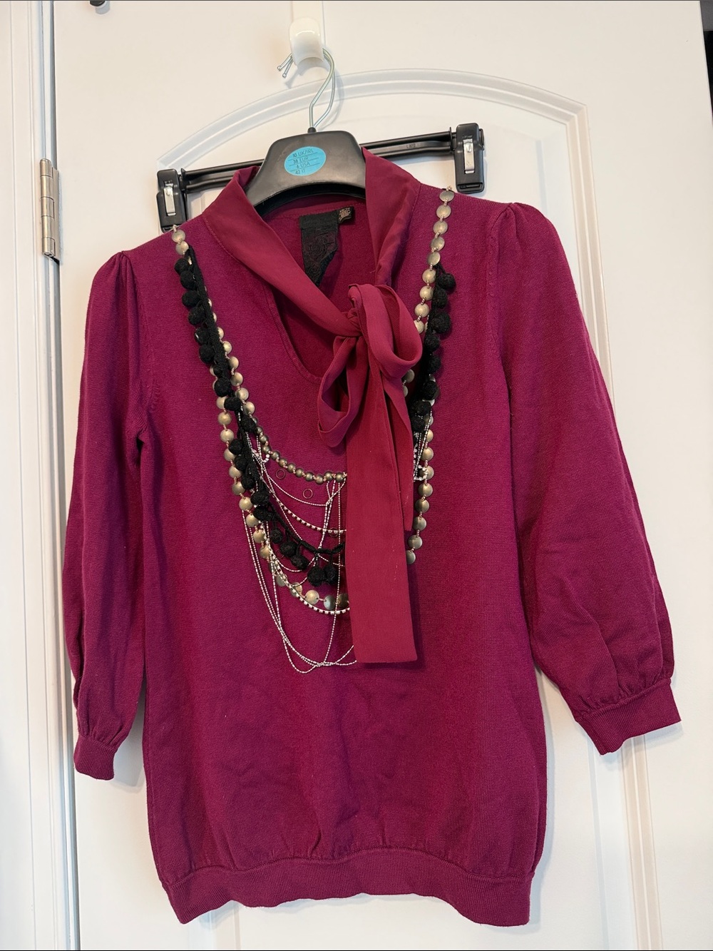 Twelve by Twelve Magenta Tie-Neck Sweater Top with Beaded Detail